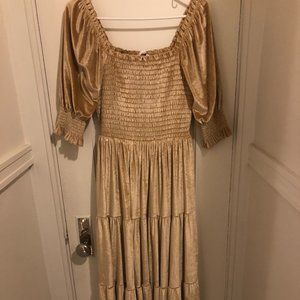 Baltic Born velvet smocked midi dress in gold, size medium.
